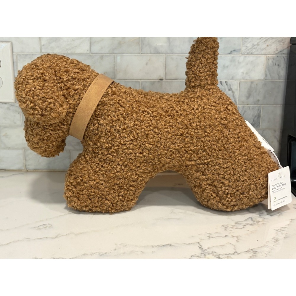 Pottery Barn Cozy Teddy Dog with Bell Faux Fur Pillow Camel Brown Sherpa NWT